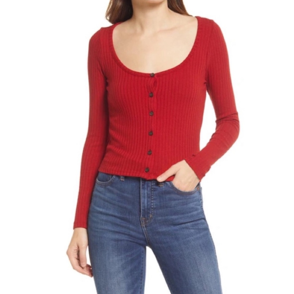 Madewell XS Red Ribbed Cardigan Cropped Tee